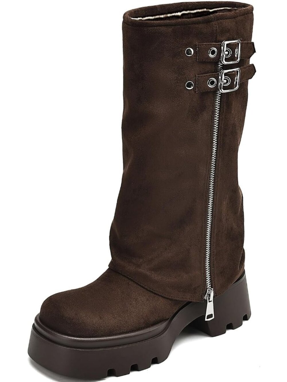 Women's Brown S Chunky Moto Riding Boot Slouchy Wide Calf Motorcycle Biker Boot